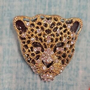 Gold Leopard Brooch with Black and Silver Accents